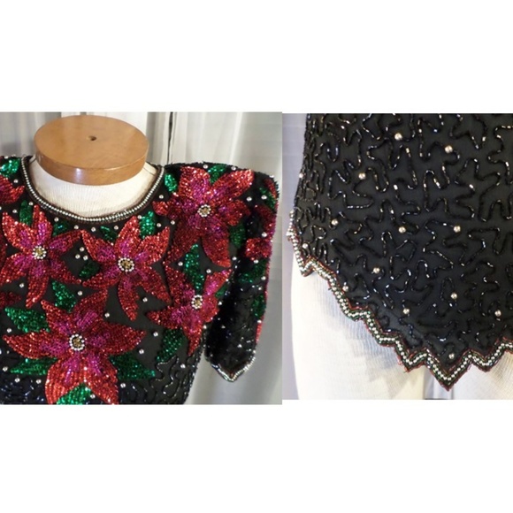 NWT Black Red Gold Silk Bead Sequin Holiday Blouse - Picture 3 of 8
